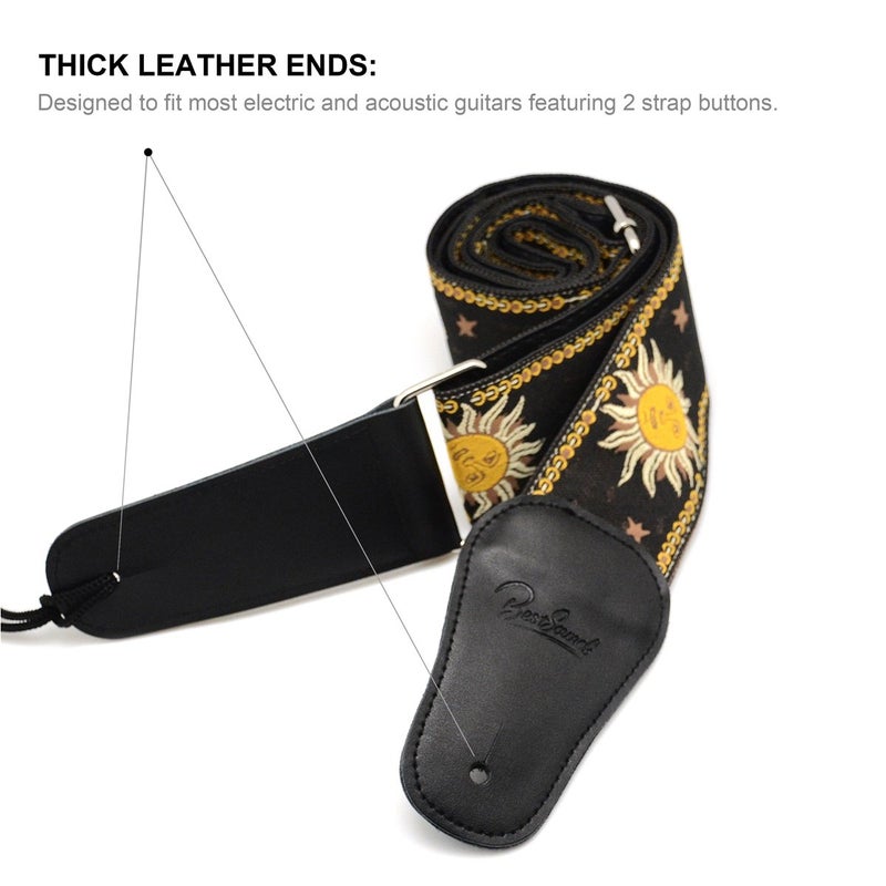 BestSounds C-150 Leather Adjustable Guitar Strap, Sun Jacquard Weave For Bass Electric and Acoustic Guitars, Black - Image 5